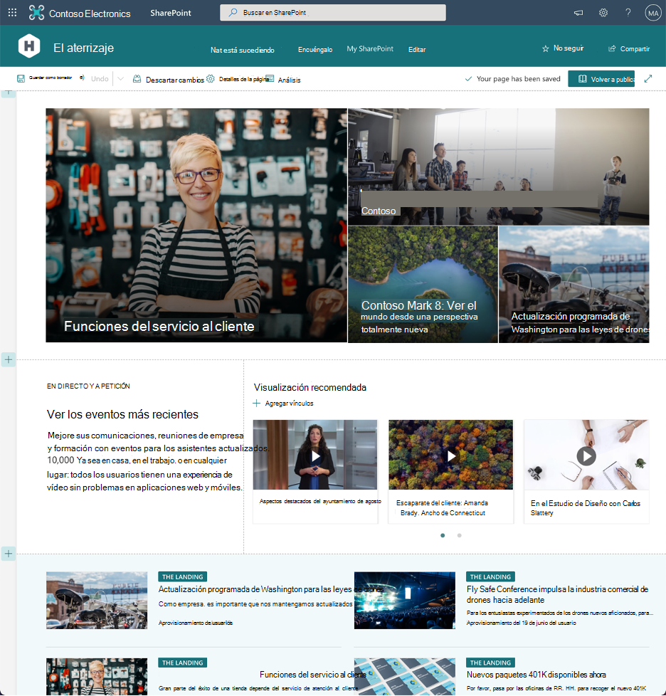 Captura de pantalla de una página moderna de SharePoint en modo de edición, en la que se muestran diferentes secciones y elementos web.