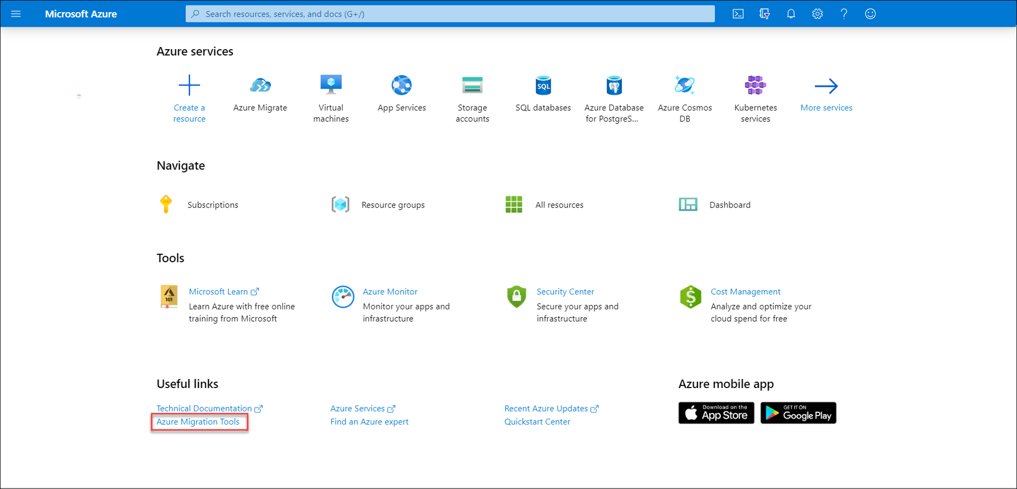 Captura de pantalla de las herramientas de migración de Azure.