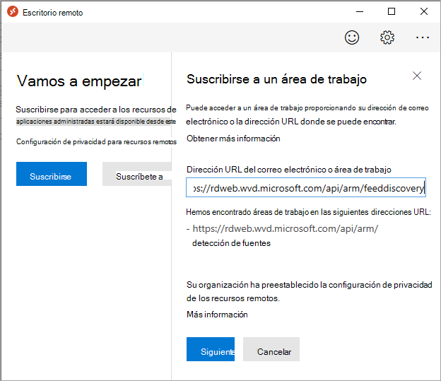 Captura de pantalla del formulario de suscripción a un área de trabajo con la dirección URL pegada en él.
