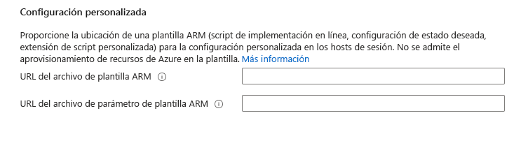 Captura de pantalla de la configuración personalizada de la máquina virtual del grupo de hosts de creación de Azure Virtual Desktop.