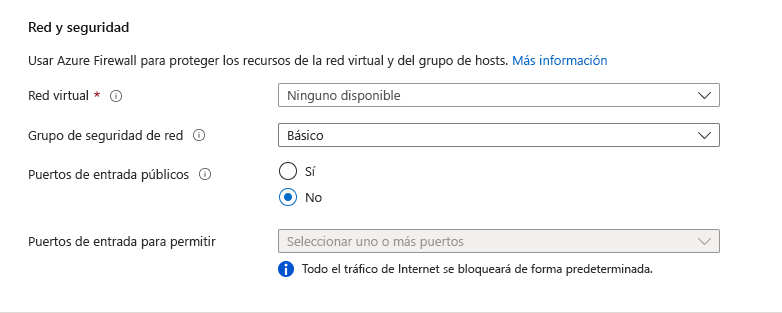 Captura de pantalla de la seguridad y la red de máquina virtual del grupo de hosts de creación de Azure Virtual Desktop.