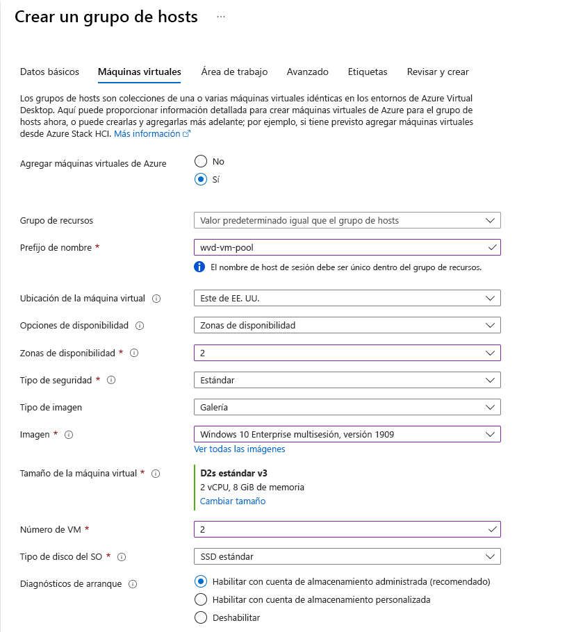 Captura de pantalla de la pestaña de máquina virtual de creación de un grupo de hosts de Azure Virtual Desktop.