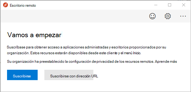 Captura de pantalla de la ventana del escritorio remoto con el botón suscribirse con una dirección URL.