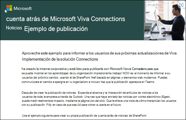 Captura de pantalla de Microsoft Viva Connections ejemplo de publicación de noticias de cuenta atrás.