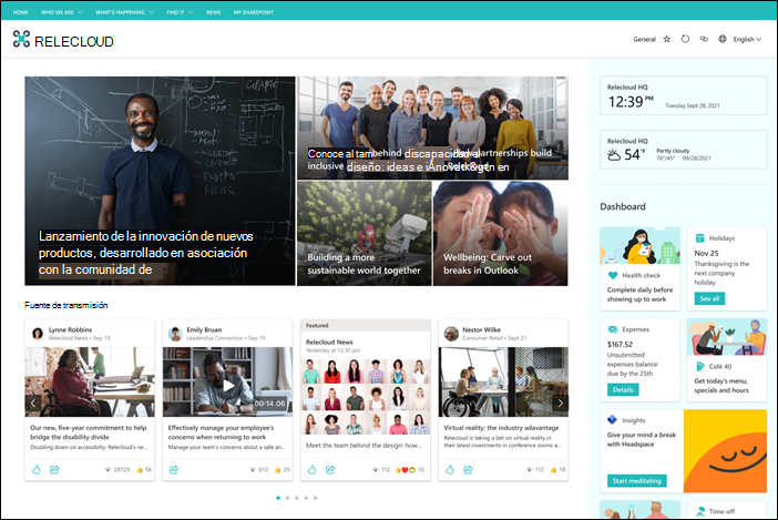 Captura de pantalla de un sitio principal de RELECLOUD Sharepoint de una organización imaginaria.