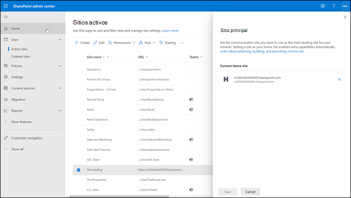 Pantalla del sitio principal de SharePoint.