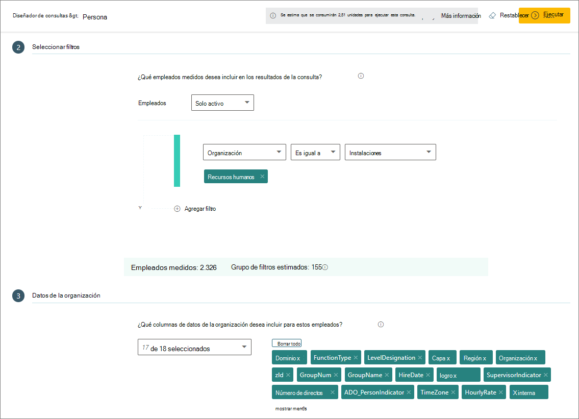 Seleccione filtros y datos de la organización.