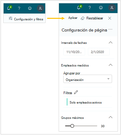 Configuración y filtros abre la configuración de la página.