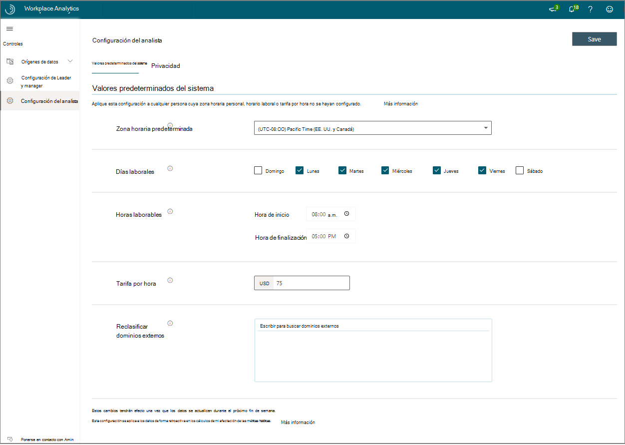 Captura de pantalla de los valores predeterminados del sistema para Workplace Analytics.