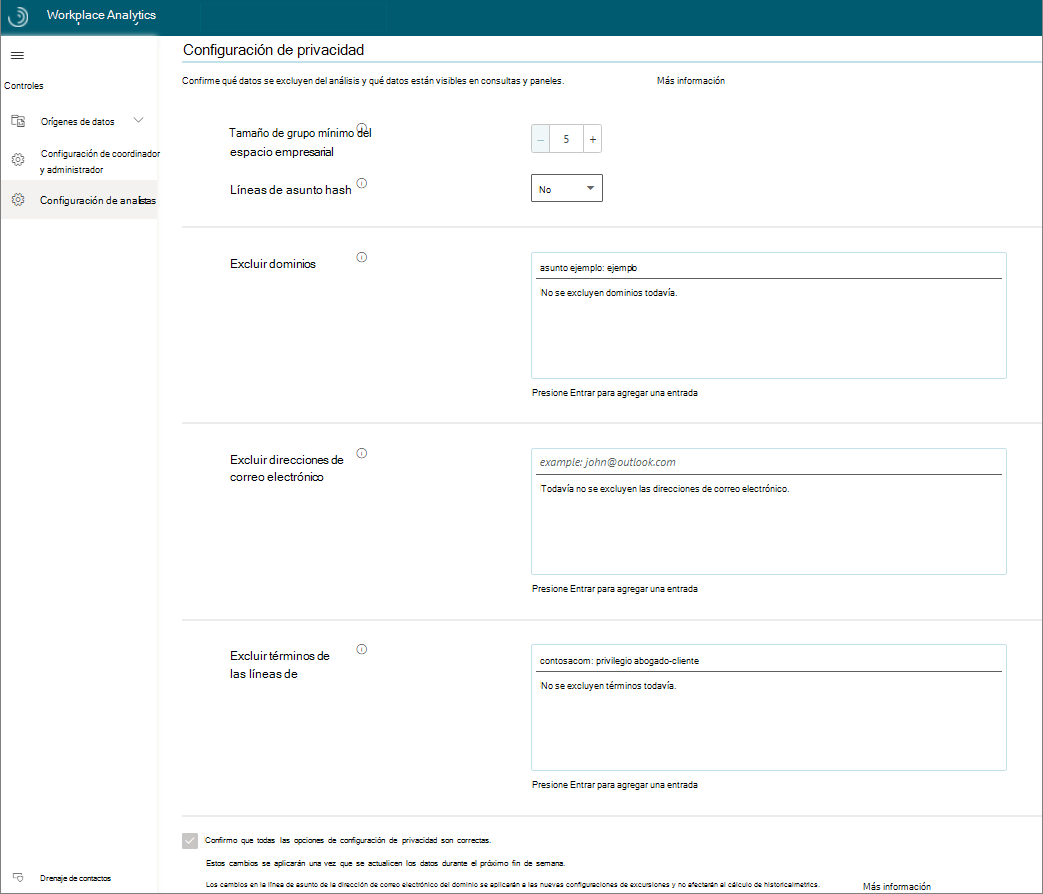 Captura de pantalla de la configuración de privacidad para Workplace Analytics.