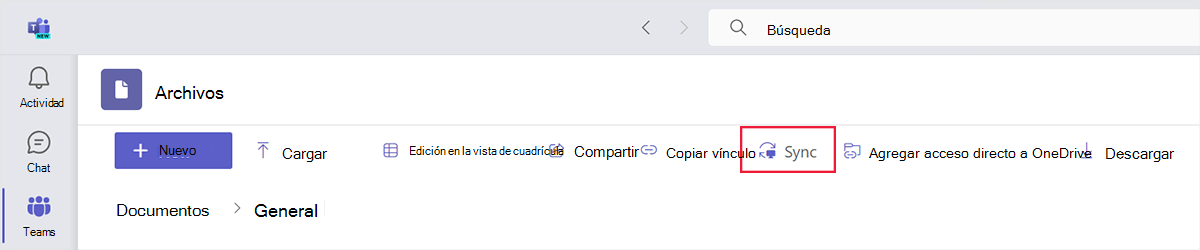 Screenshot of the Files tab and sync icon in Microsoft Teams.