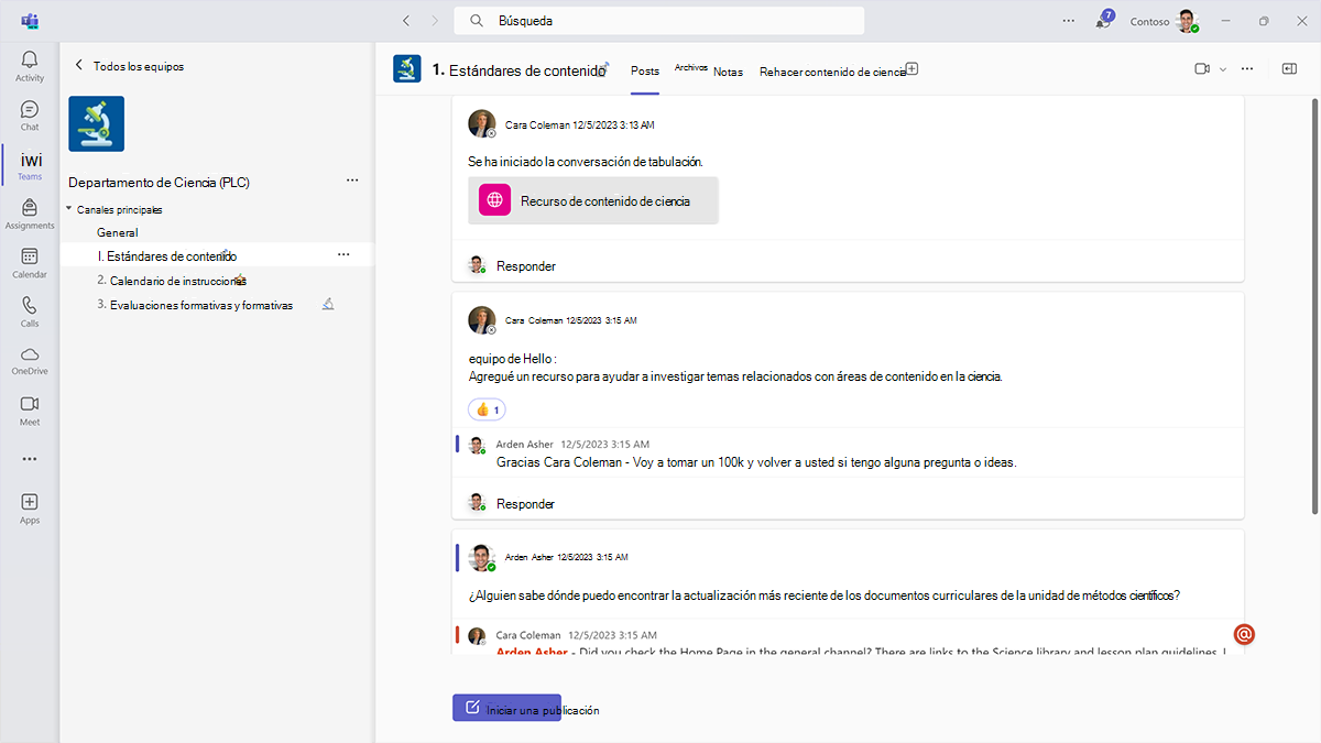 Screenshot of conversations about curriculum content standards in a PLC team channel in Microsoft Teams for Education.