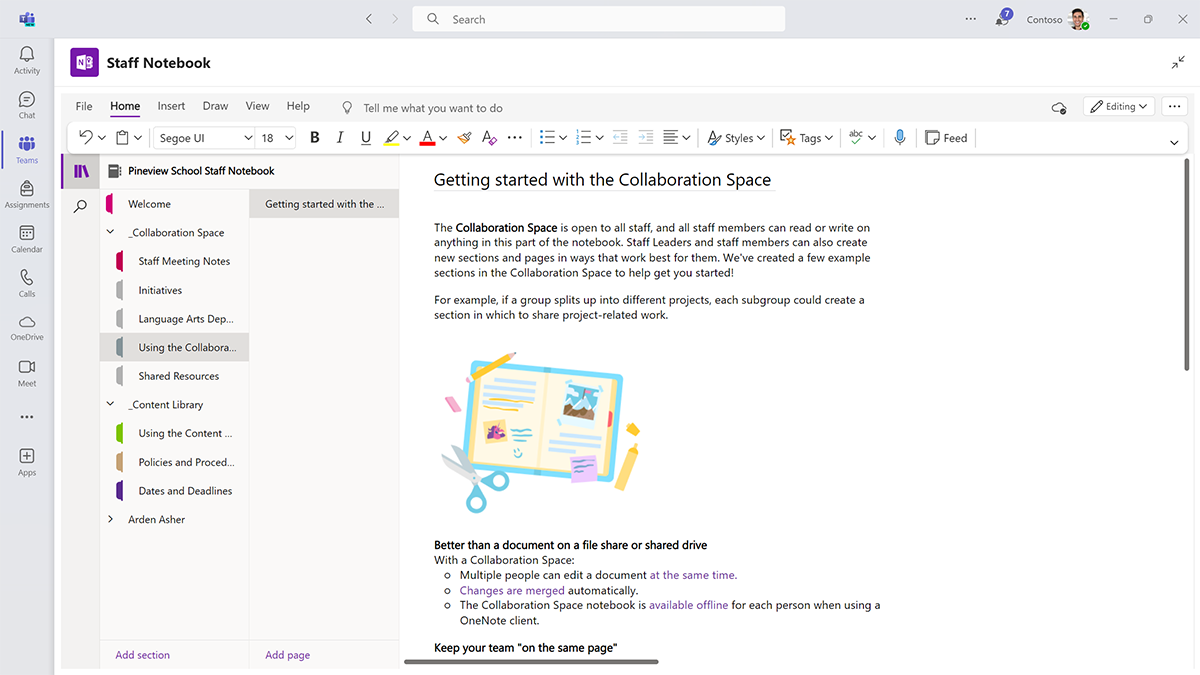 Screenshot of the collaboration space of a Staff OneNote Notebook in Microsoft Teams for Education.