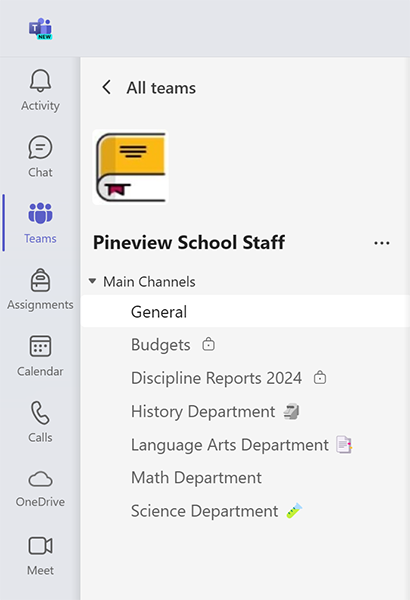 Screenshot showing the types of channels a staff team might contain in Microsoft Teams for Education.