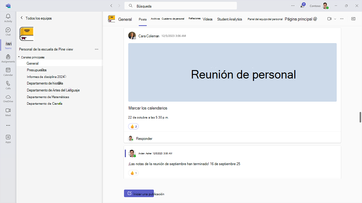 Screenshot of announcements about staff meetings in the general channel of a staff team in Microsoft Teams for Education.