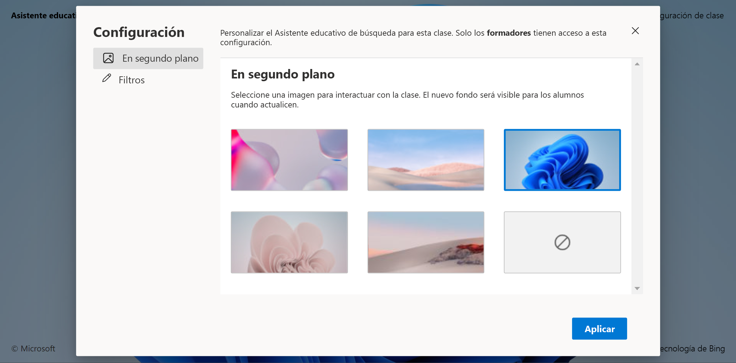 Captura de pantalla de la imagen de fondo personalizada en la configuración de la clase en Search Coach.