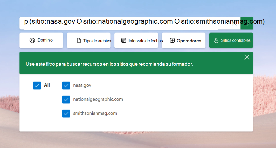 Captura de pantalla de un ejemplo de un filtro personalizado en Search Coach.