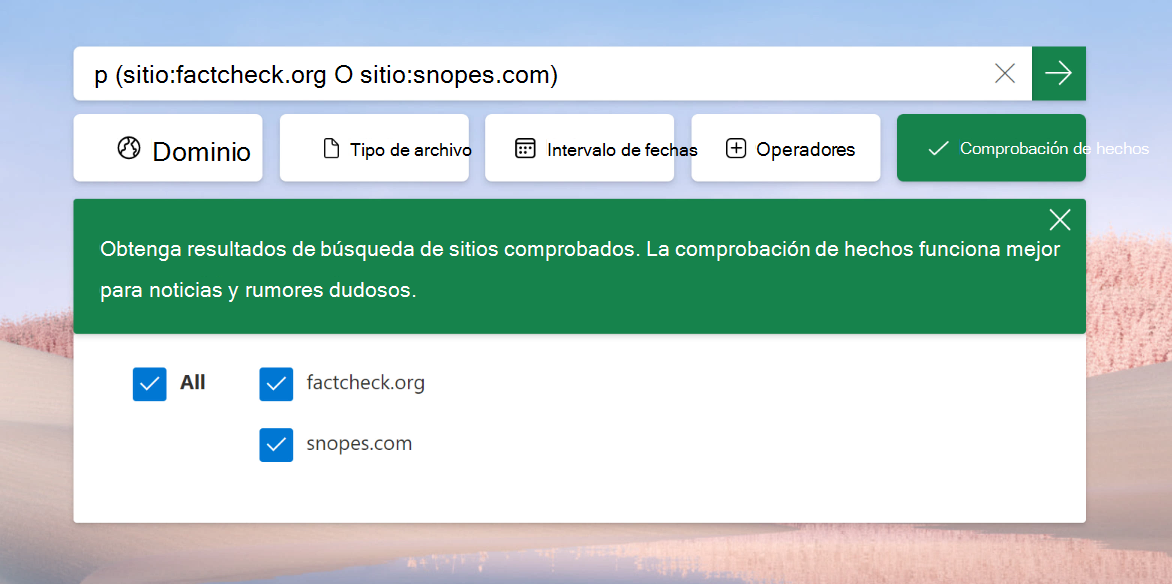 Captura de pantalla del filtro Comprobación de hechos en Asistente educativo de búsqueda.