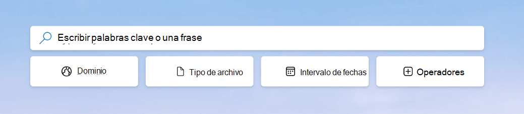 Captura de pantalla de los cuatro principales modificadores de búsqueda en Search Coach: Dominio, Tipo de archivo, Intervalo de fechas y Operadores.