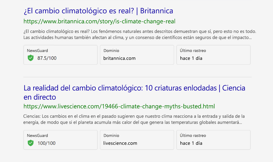 Captura de pantalla de los resultados de búsqueda en Search Coach con clasificaciones de confiabilidad de NewsGuard.