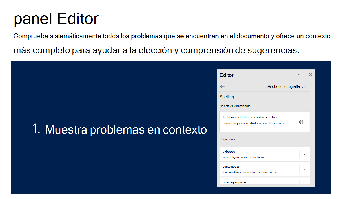 Ilustración que muestra cómo el panel de editor ofrece, de forma sistemática, sugerencias para los problemas del documento, y muestra problemas en contexto para ayudar con la comprensión.