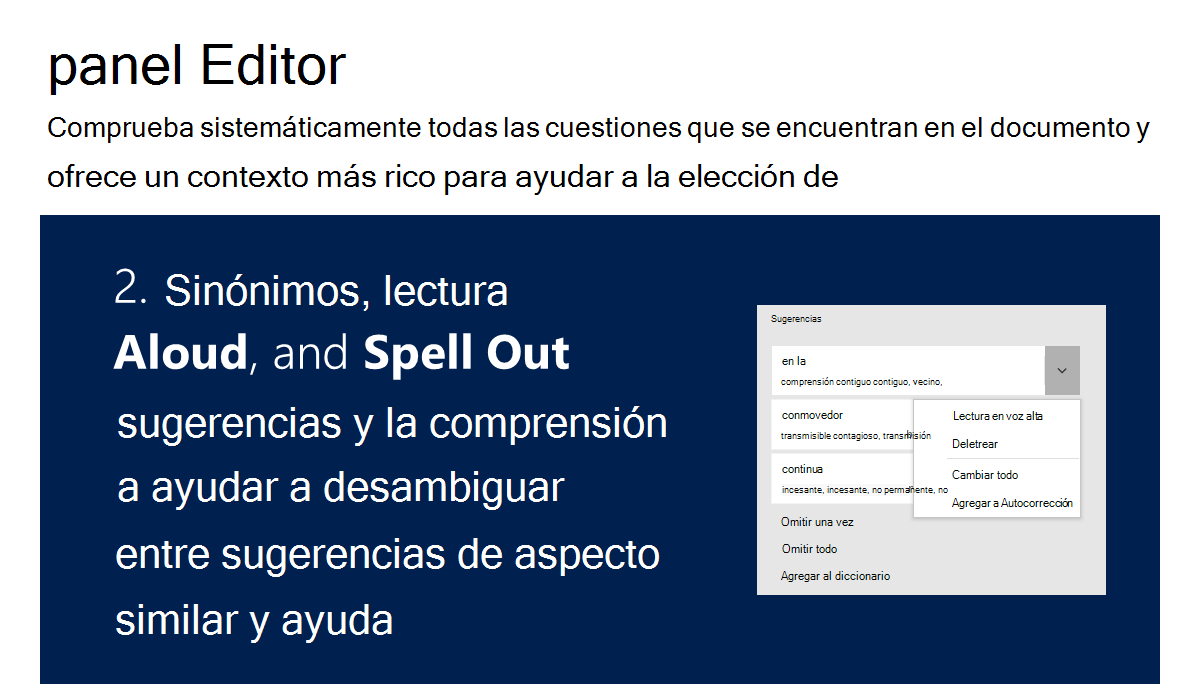 Ilustración que muestra cómo el panel de editor ofrece sinónimos, lee en voz alta y deletrea palabras para diferenciar palabras similares y ayudar en la comprensión.