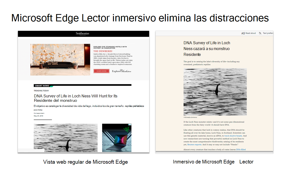 Capturas de pantalla que muestran el Lector inmersivo de Microsoft Edge eliminando distracciones.