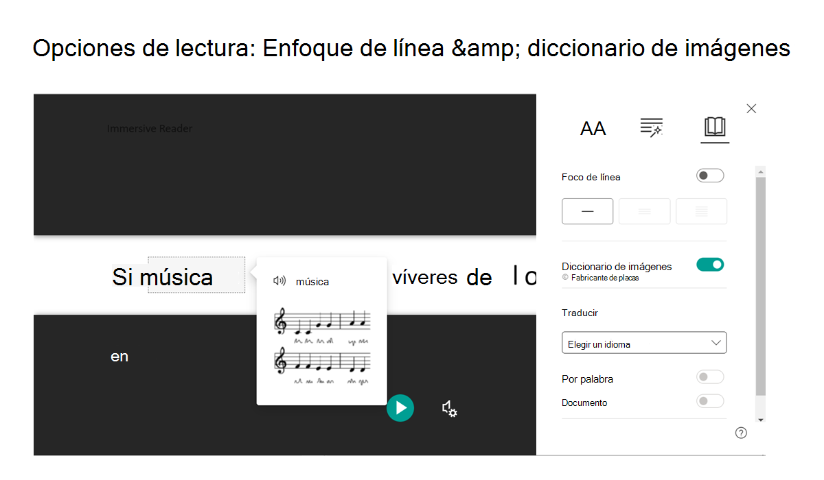 Recorte de pantalla de las Opciones de lectura en Lector inmersivo: Foco de línea y Diccionario de imágenes.
