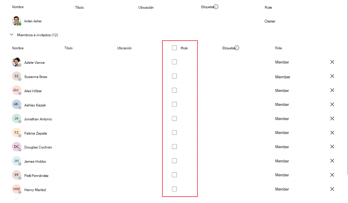 Screenshot of the setting to mute members in Microsoft Teams.