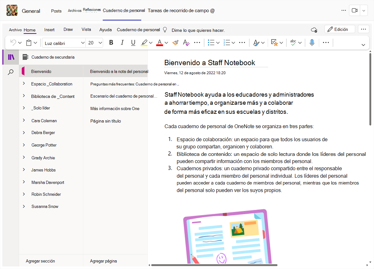 Screenshot of the OneNote staff notebook in Microsoft Teams.