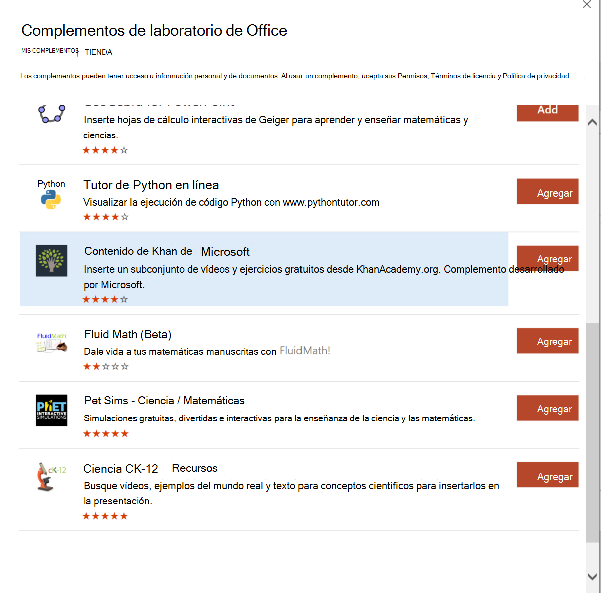 Captura de pantalla de los complementos de Lab Office en PowerPoint.