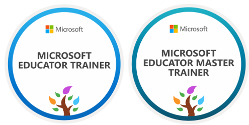 Ilustraciones de los distintivos Microsoft Educator Trainer y Master Trainer.