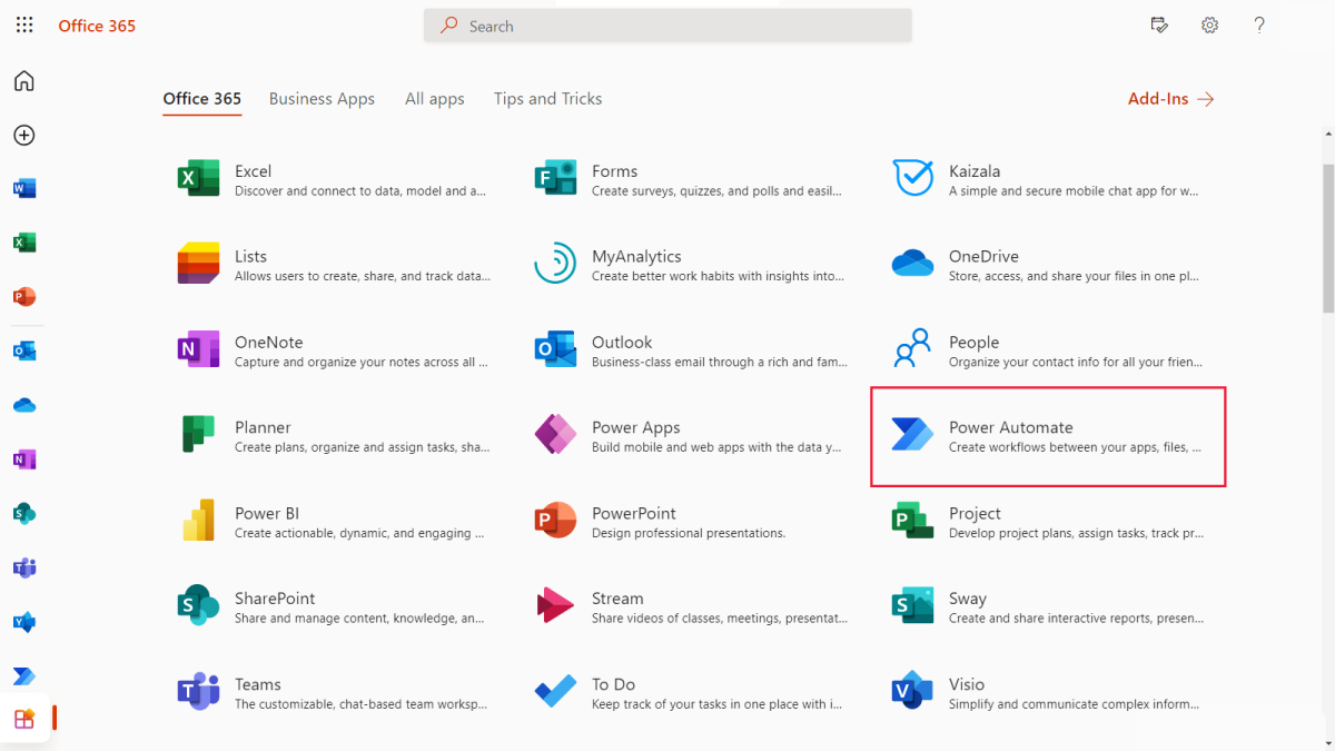 Captura de pantalla de Power Automate en Office 365.