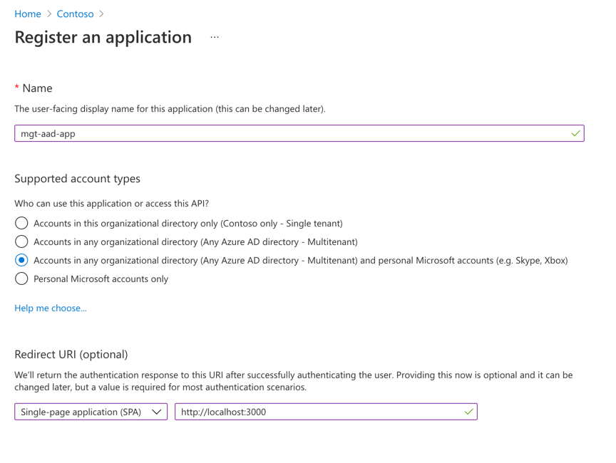 Captura de pantalla que muestra el registro de la aplicación en microsoft entra id.