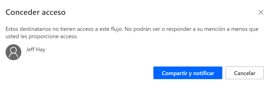 Captura de pantalla en la que se muestra la solicitud para conceder acceso a un usuario que no se ha agregado como copropietario pero al que ha mencionado en un comentario