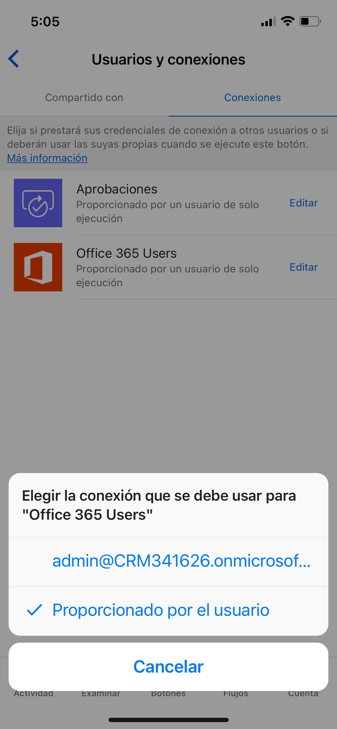 Captura de pantalla de la opción Elegir la conexión que se debe usar para 