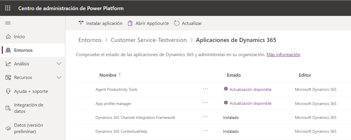 Captura de pantalla de la vista Entorno, con las aplicaciones de Dynamics 365 que ha instalado