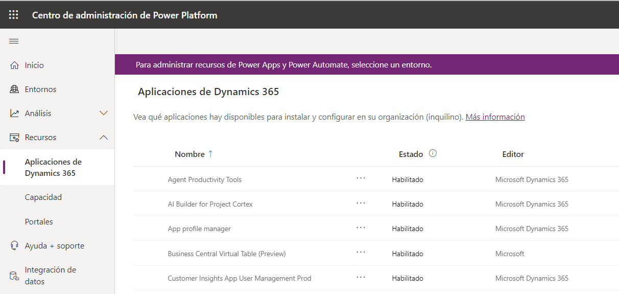 Captura de pantalla de la nueva vista de inquilino del Centro de administración de Microsoft Power Platform