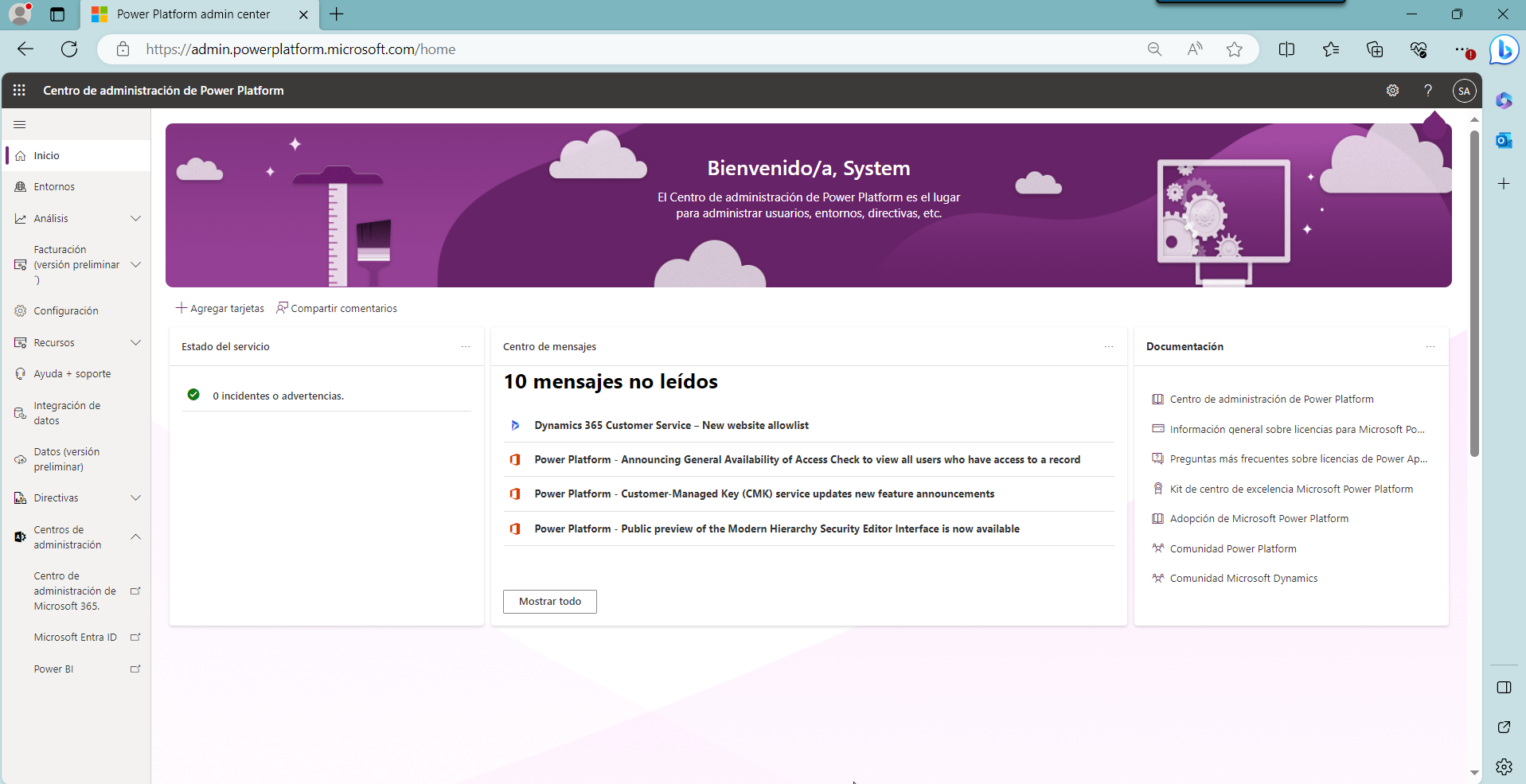 Página inicial del Centro de administración de Power Platform