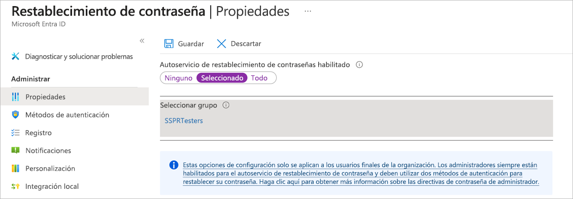 Captura de pantalla del panel Propiedades de Restablecimiento de contraseña con SSPR habilitado y el grupo seleccionado establecido en SSPRTesters.