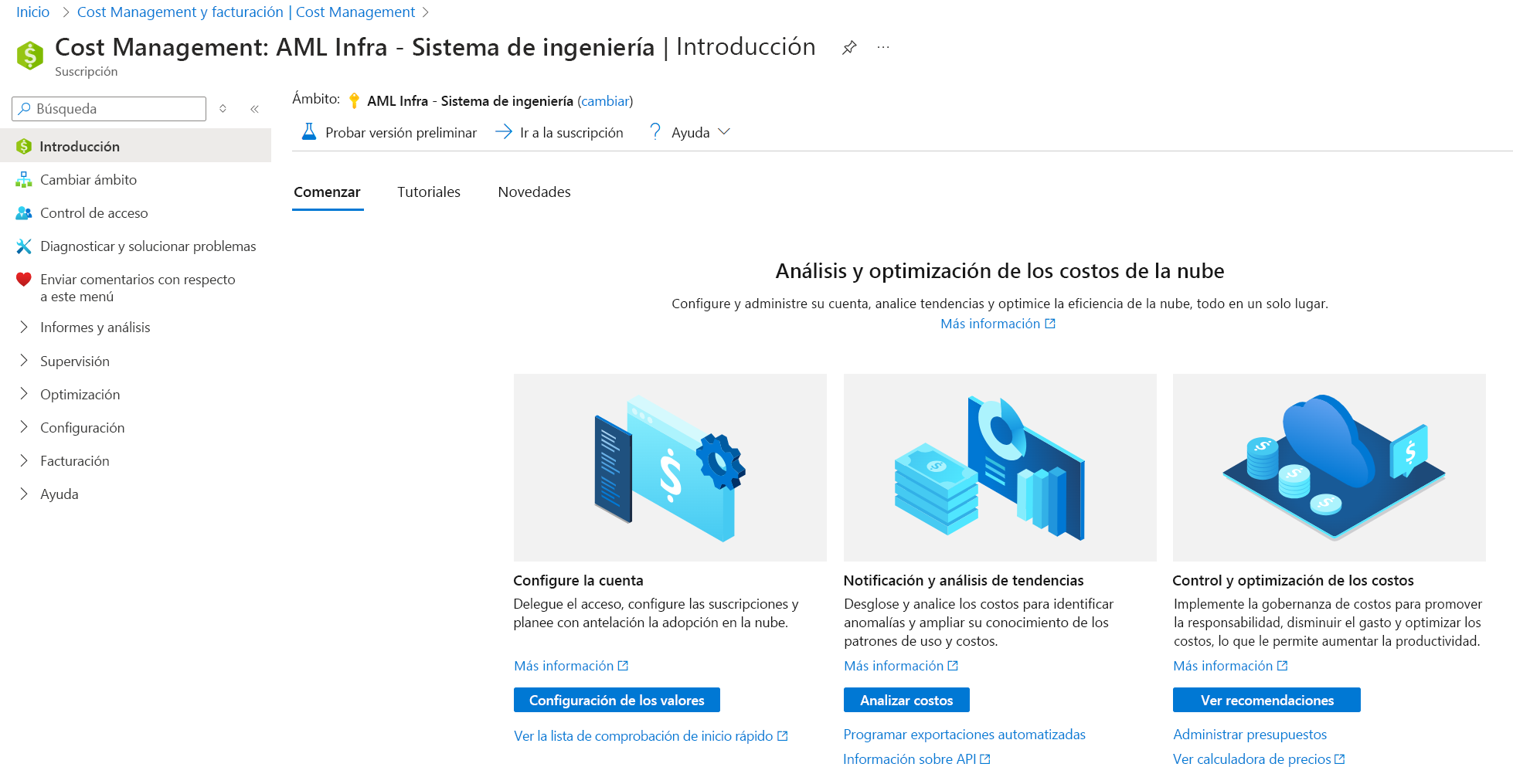 Captura de pantalla de Azure Portal, con el panel de información general de Cost Management desde la navegación lateral de Administración de costos + facturación.