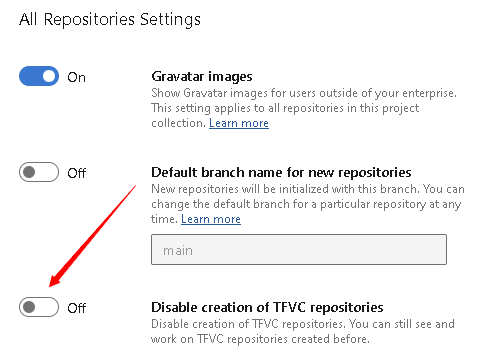 Captura de pantalla de la sección Todas las configuraciones de repositorio, en la que se muestra la opción Deshabilitar la creación de repositorios TFVC