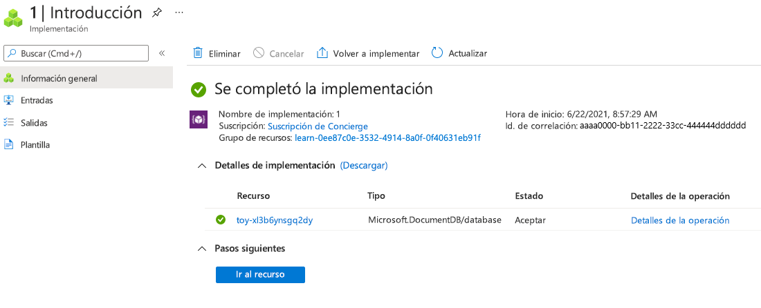 Captura de pantalla de la interfaz de Azure Portal de la implementación específica, con tres recursos de Azure Cosmos DB enumerados.