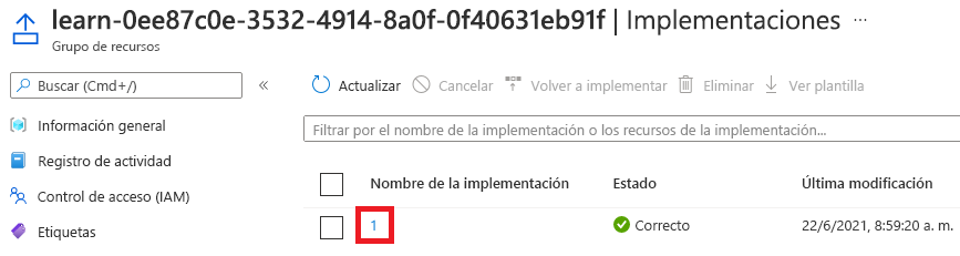 Captura de pantalla de la interfaz de Azure Portal con las implementaciones, donde se muestra la implementación 1.