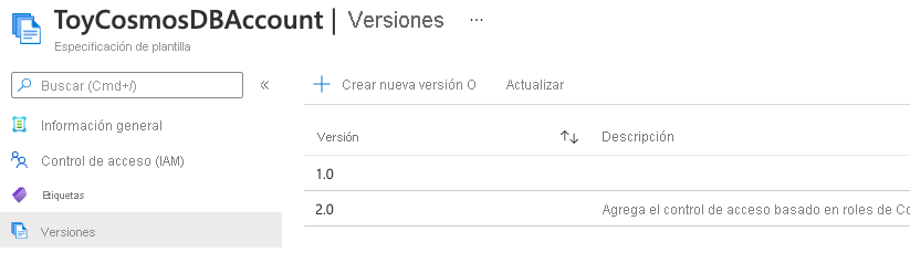 Screenshot of the Azure portal interface for the template spec, showing the list of versions as 1.0 and 2.0.