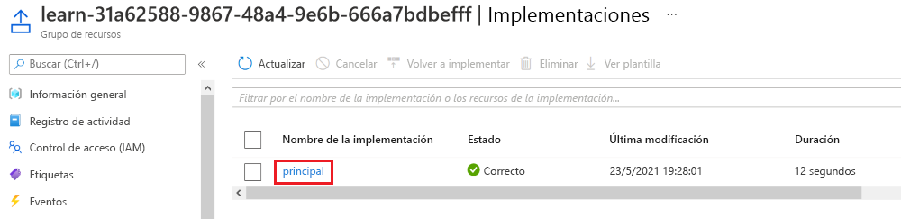 Captura de pantalla de la interfaz de Azure Portal de la implementación específica, sin recursos enumerados.