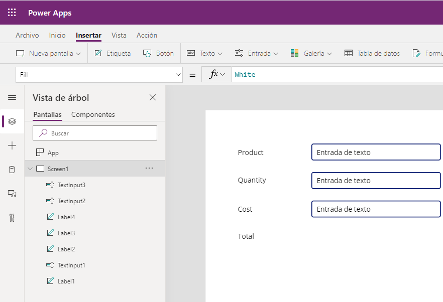 Captura de pantalla de entradas de texto Treeview Screen1 de Power Apps
