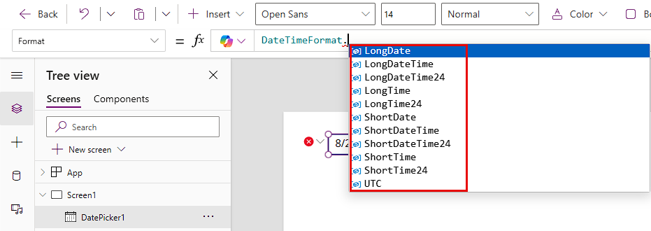 Captura de pantalla del campo fx que muestra las opciones DateTimeFormat, incluidas LongDate, LongDateTime y otras