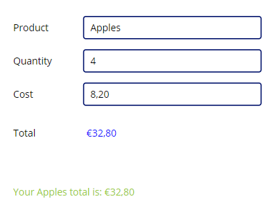 Captura de pantalla que muestra la entrada Apples en el campo Producto y el mensaje de resumen que aparece en texto amarillo-verde