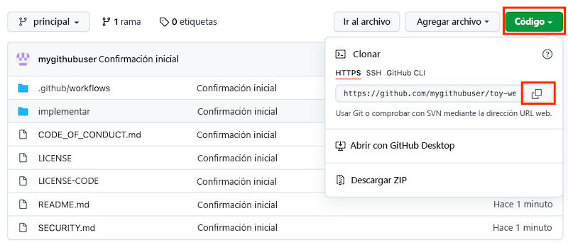 Captura de pantalla de la interfaz de GitHub en la que se muestra el repositorio nuevo, con el botón Copiar la dirección URL del repositorio resaltado.